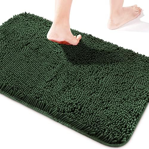 Yeaban Chenille Hunter Green Bathroom Rug 17"x24", Non-Slip Rubber Backing
