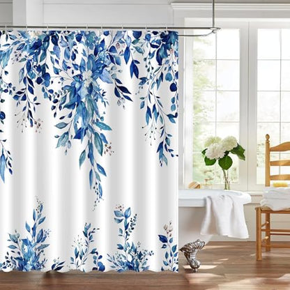 Eucalyptus Shower Curtain, Abstract Aesthetic Art Watercolor Plant Leaves with Floral Bathroom Decor, Waterproof Fabric Cloth Bath Curtain Set with Hooks (Dark Blue, 72x72 Inches)