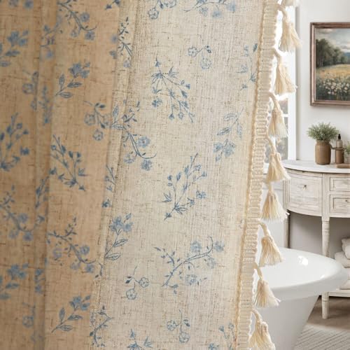 Blue Floral Farmhouse Vintage Linen Shower Curtain with Tassel 72Wx72H