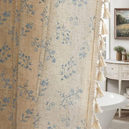 Blue Floral Farmhouse Vintage Linen Shower Curtain with Tassel 72Wx72H