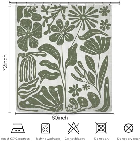Sage Green Retro Matisse Flower Shower Curtain 60Wx72L Inch Vintage Aesthetic Minimalist Cute Art 70s Trendy Modern Bathroom Set Accessories Decor with 12 Pack Hooks