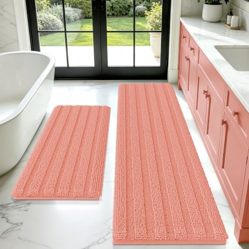 ACCUMTEK Striped Coral Bathroom Rug Mat Set 2 piece 32"x20"+60"x20" Ultra Soft, Non Slip Chenille Bath Rugs, Absorbent Plush Shaggy Bath Mats for Bathroom, Bedroom, Kitchen, Shower, Tub