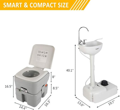 VINGLI Upgraded Portable Sink and Toilet Combo| Self-contained 5 Gal Hand Washing Station & 5.3 Gal Flushing Toilet, Perfect for Camping/RV/Boat/Road Tripper/Camper, Detachable & Lightweight