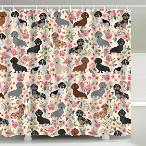 Floral Dachshund Wiener Sausage Dogs Shower Curtain with Hooks 72 x 72 Inch