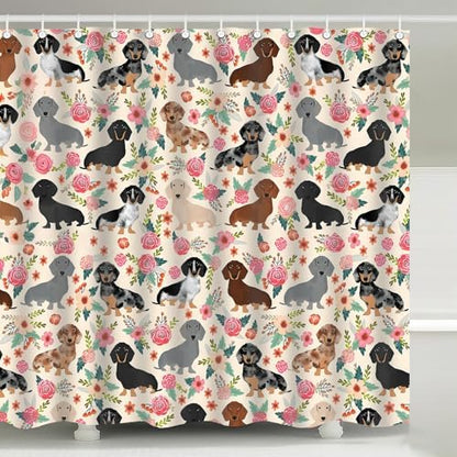 Floral Dachshund Wiener Sausage Dogs Shower Curtain with Hooks 72 x 72 Inch