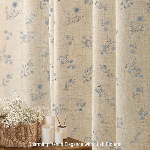 Blue Floral Farmhouse Vintage Linen Shower Curtain with Tassel 72Wx72H