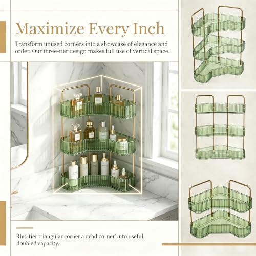 3-Tier Corner Bathroom Organizer, Skincare Vanity Counter Shelf Green
