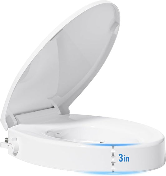 BIGCOW Raised Toilet Seat with Bidet - Elongated, Soft Close, 3" Height - Dual Nozzle (Frontal & Rear Wash) with Adjustable Cold Water Pressure and Stainless Steel Inlet (Elongated)