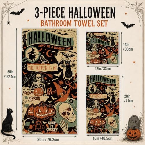 Moukeren Set of 3 Halloween Bath Towels, Gothic Skeleton Bathroom Decor