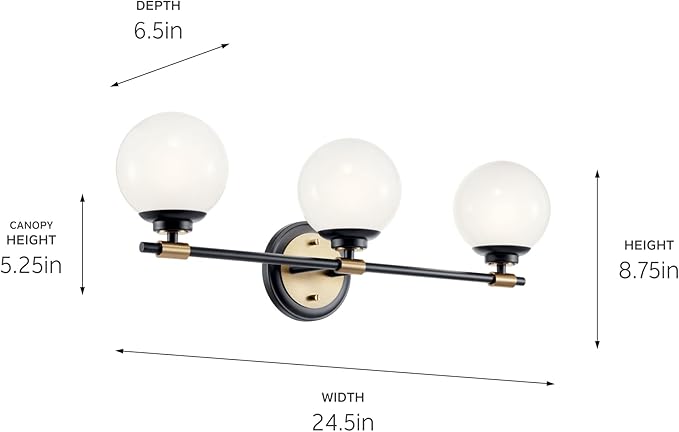 Kichler Benno 3-Light Vanity, Modern Light with Opal Glass in Black and Champagne Bronze, for Bathroom or Powder Room (8.75" x 24.5"), 55172BKCPZ