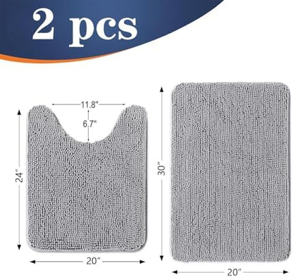 OLANLY Chenille Bathroom Rugs Mats Set 2 Piece, 30"x20"+24"x20", Light Grey