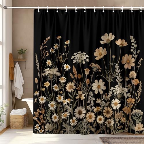 Black Floral Shower Curtain, Dark Daisy Wildflower Botanical Shower Curtain For Bathroom, Vintage Rustic Farmhouse Beige Flower Plant Fabric Cottagecore Boho Bath Curtain with 12 PCS Hooks 72X72 Inch