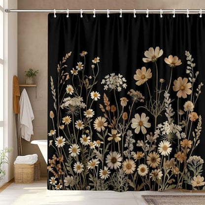 Black Floral Shower Curtain, Dark Daisy Wildflower Botanical Shower Curtain For Bathroom, Vintage Rustic Farmhouse Beige Flower Plant Fabric Cottagecore Boho Bath Curtain with 12 PCS Hooks 72X72 Inch