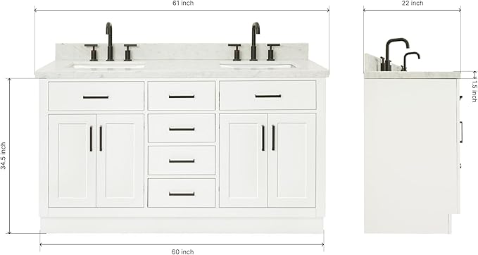 ARIEL Hepburn 60-inch Bathroom Vanity with Sink,Solid Wood, 1.5-inch Italian Carrara Marble Countertop, Double Rectangular Porcelain Sink, 4 Soft Closing Doors, 6 Dovetail Drawers, White