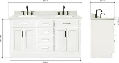 ARIEL Hepburn 60-inch Bathroom Vanity with Sink,Solid Wood, 1.5-inch Italian Carrara Marble Countertop, Double Rectangular Porcelain Sink, 4 Soft Closing Doors, 6 Dovetail Drawers, White