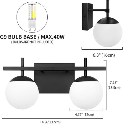 Bathroom Light Fixtures Over Mirror, Black Vanity Lights for Bathroom with White Frosted Glass, 2-Light Modern Vanity Lighting Fixtures Globe Sconces Wall Light for Bedroom Living Room Cabinet