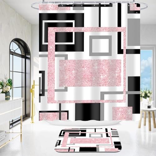 Yddsky 4 Pcs Pink Geometric Shower Curtain Set with Rugs Bathroom Set