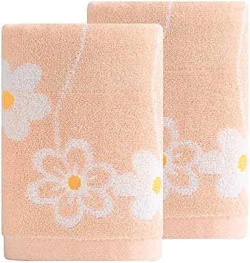 YiLUOMO Coral Pink Hand Towel Set of 2 Super Soft 100% Cotton Flower Pattern Quick Dry Highly Absorbent Bathroom Hand Towels 13 x 29 Inch