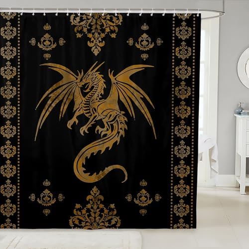 Feelyou Dragon Shower Curtain Kids Boys Teens Gothic Damask Paisley Floral Bathroom Waterproof Accessories with 12 Hooks 72x72 Inches Women Bohemian Exotic Animal Theme Room Decor,Gold Black