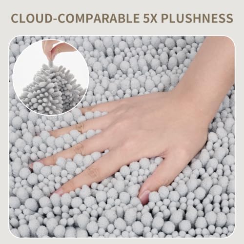 Bathroom Rugs Non Slip Washable, Extra Thick Soft Chenille Absorbent Bath Mat, High Density Barrier Non Slip Backing, Quick Dry Plush Shaggy Floor Carpet for Tub&Shower 24x17, Silver