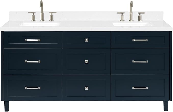 ARIEL Monroe 72-inch Bathroom Vanity with Sink,Solid Wood, 1.5-inch Carrara White Quartz Countertop & Backsplash, Double Oval Porcelain Sink, 9 Dovetail Drawers, Brushed Nickel, Midnight Blue