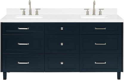 ARIEL Monroe 72-inch Bathroom Vanity with Sink,Solid Wood, 1.5-inch Carrara White Quartz Countertop & Backsplash, Double Oval Porcelain Sink, 9 Dovetail Drawers, Brushed Nickel, Midnight Blue