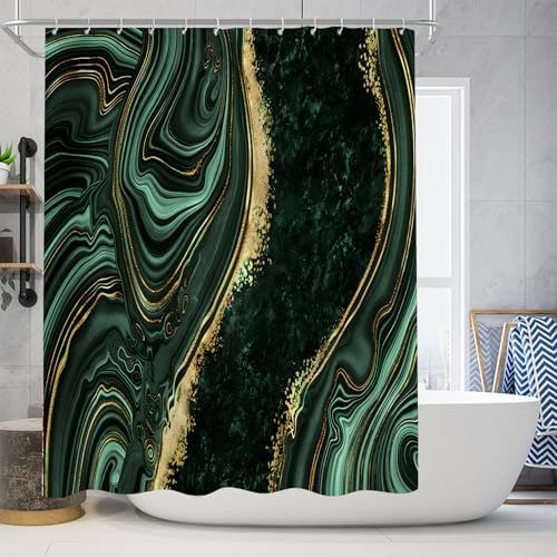 Nkzply 4 Pcs Green Marble Shower Curtain Sets with Rugs Gold Bathroom Set