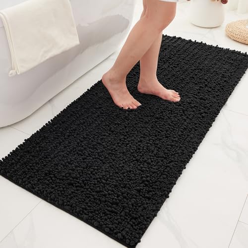 Bathroom Rugs Non Slip Washable 44x24, Extra Thick Soft Chenille Absorbent Bath Mat, High Density Barrier Non Slip Backing, Quick Dry Plush Shaggy Floor Carpet for Tub&Shower, Black