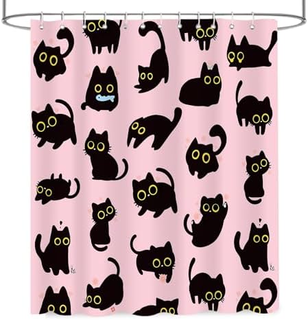 APROPHIC Cute Cat Shower Curtain 72x72 Inches, Funny Black Kitten Pattern Waterproof Polyester Bathroom Decor for Bathtub, Machine Washable Privacy Curtain for Bathroom, Bedroom with 12 Hooks Pink