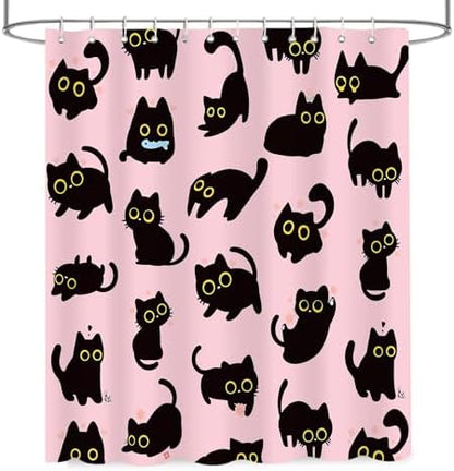 APROPHIC Cute Cat Shower Curtain 72x72 Inches, Funny Black Kitten Pattern Waterproof Polyester Bathroom Decor for Bathtub, Machine Washable Privacy Curtain for Bathroom, Bedroom with 12 Hooks Pink