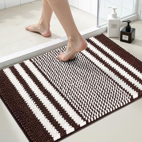 BSICPRO Bathroom Rugs, 20x32 Chenille Bath Mats, Coffee
