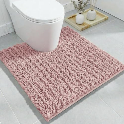 Disolla Toilet Rug 24x24 Inch - Pink U-Shaped Bathroom Floor Mat, Soft Shaggy Plush Absorbent Chenille Contour Rug, Non-Slip Washable Pedestal Base Rug