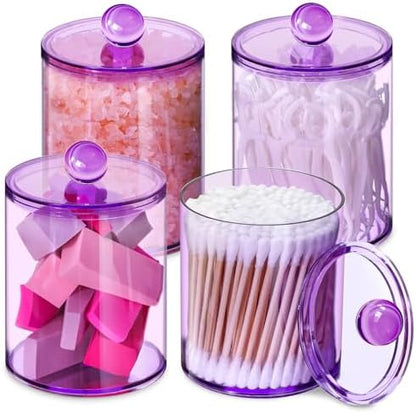 4 Pcs Acrylic Qtip Holder, Cotton Ball Holder Jars with Lids, Purple