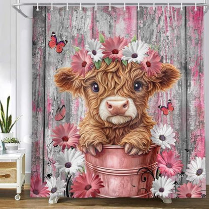 Funny Highland Cow Daisy Flower Shower Curtain, Rustic Wooden Barn Door Farm Animal Shower Curtain Set Farmhouse Western Bath Curtain Modern Cattle Bull Bathroom Accessories Home Decor 47X64in