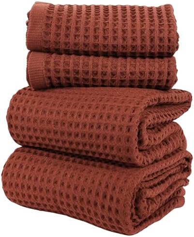 PÜSKÜL Natural 100% Turkish Cotton Waffle Towels Set of 4-Piece, Brick-Red