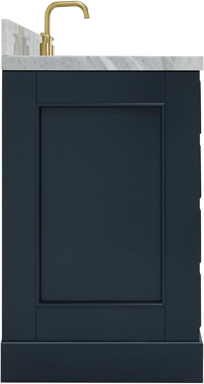 DKB Langford 54-inch Midnight Blue Bathroom Vanity with Center Rectangle Single Sink, Italian Carrara Marble Countertop & Backsplash, Solid Wood Frame, Soft-Closing & Dovetail Drawers