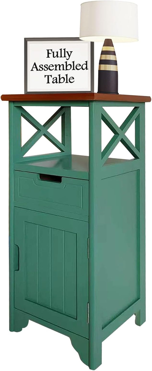 30 Inches Tall End Table, Fully Assembled Bathroom Floor Cabinet with Shelf and Storage, No Assembly Nightstand with Drawer for Bedroom-Brown&Green