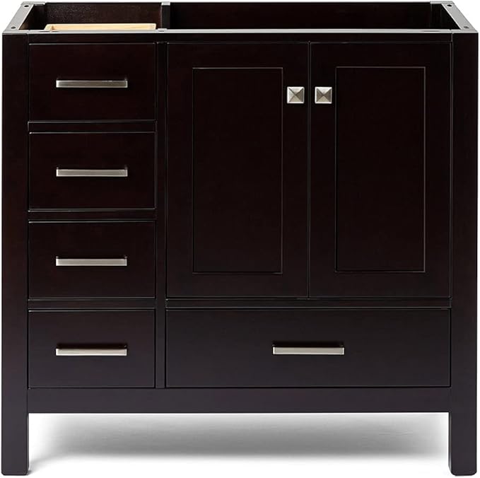 ARIEL Cambridge 36-inch Bathroom Vanity Base Cabinet,Solid Wood, 2 Soft Closing Doors, 5 Dovetail Drawers, Espresso
