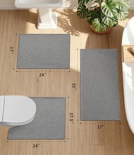 YIHOUSE Light Grey Bathroom Rugs Sets 3 Pieces,Thin Bath Mat Quick Dry