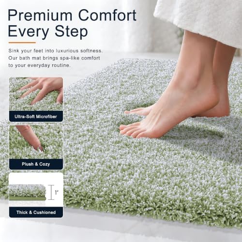 OLANLY Microfiber Bathroom Rugs U-Shaped Mats 24x20, Sage Green and White
