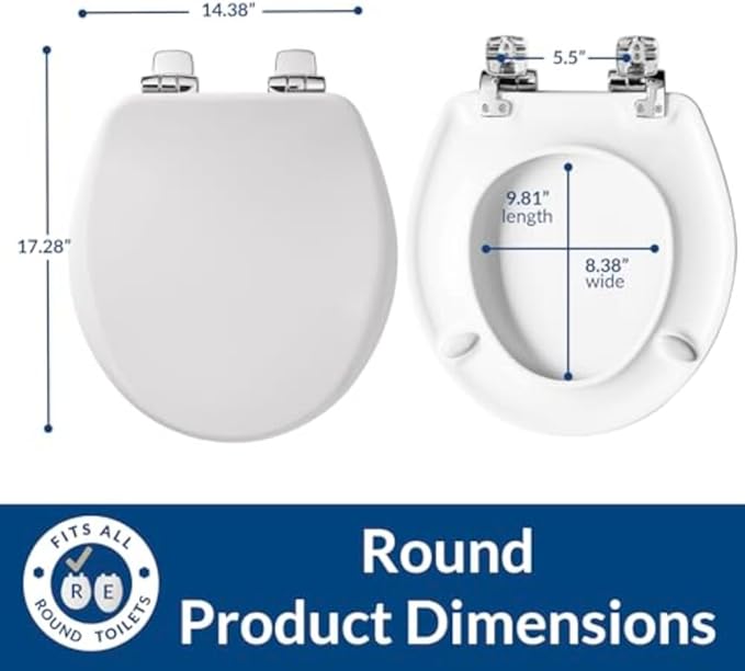 Bemis Alesio Slow Close Toilet Seat, Sleek Chrome Hinges and Adjustable Perfect Fit Wood Seat, Made in USA, Round, White