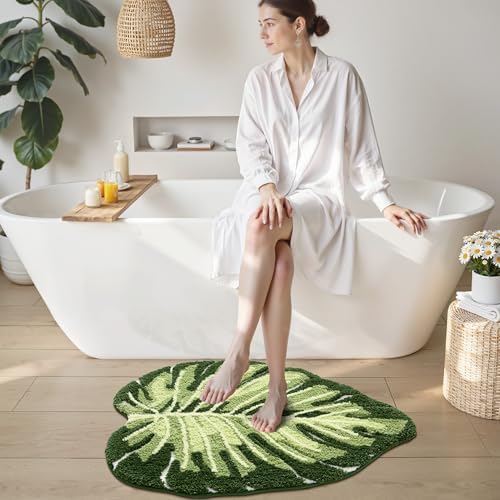 LUMI Bathroom Rug Green Leaf, Absorbent Non Slip Bath Mat, 23.5"x31.5"