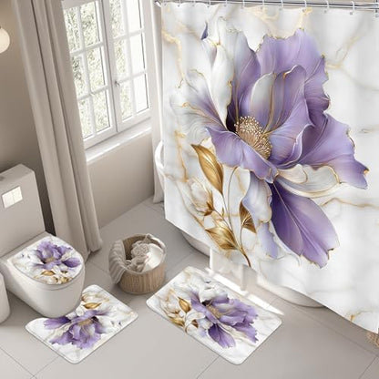 Purple Gold Marble Floral Modern 4Pcs Bathroom Shower Curtain Set with Rugs