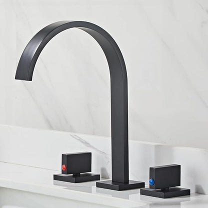 Modern Bathroom Sink FaucetDouble Handle Waterfall Design 3 Hole Full Copper Vanity Faucet for Stylish Bathroom Upgrade Durable & Easy to Install，Black