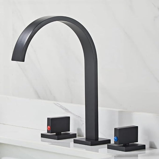 Modern Bathroom Sink FaucetDouble Handle Waterfall Design 3 Hole Full Copper Vanity Faucet for Stylish Bathroom Upgrade Durable & Easy to Install，Black