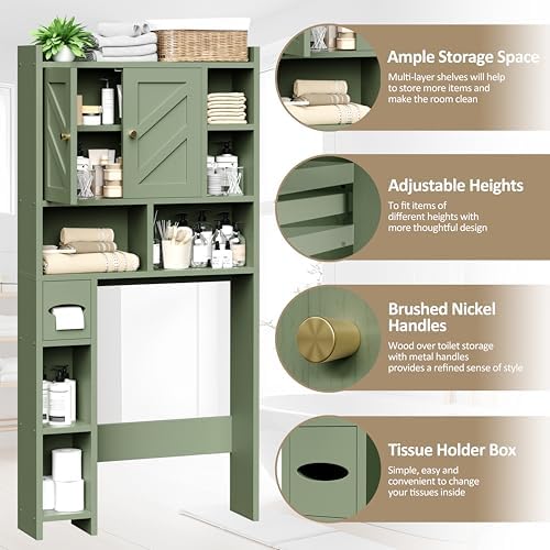 Over The Toilet Storage Cabinet, 64.6" Tall Bathroom Organizer Space Saver with Toilet Paper Holder & Adjustable Shelf, Freestanding Wood Cabinet for Small Space, Green
