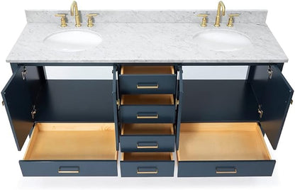 ARIEL Cambridge 72-inch Bathroom Vanity with Sink,Solid Wood, 0.75-inch Italian Carrara Marble Countertop, Double Oval Porcelain Sink, 4 Soft Closing Doors, 6 Dovetail Drawers, Midnight Blue
