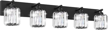 Black Crystal Bathroom Vanity Light, 5-Light Modern Bathroom Lighting Fixtures Over Mirror, Matte Black Wall Sconce Light Fixtures with Round Shade