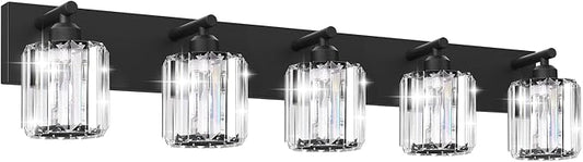 Black Crystal Bathroom Vanity Light, 5-Light Modern Bathroom Lighting Fixtures Over Mirror, Matte Black Wall Sconce Light Fixtures with Round Shade