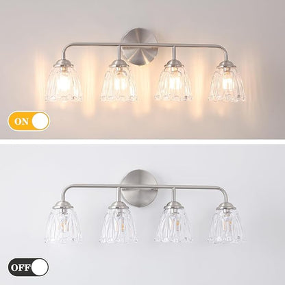 Vintage 4-Light Brushed Nickel Bathroom Light Fixtures, Elegant Bathroom Vanity Lights Over Mirror, Vanity Lighting with Clear Shade, Art Deco Wall Sconce Lighting for Bedroom